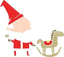 Cartoon-Weihnachtsmann im flachen Farbstil, der ein Schaukelpferd herstellt vektor