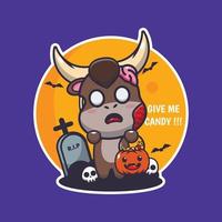 Zombiebulle will Süßigkeiten. niedliche halloween-karikaturillustration. vektor
