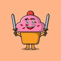 süßer Cupcake-Cartoon-Charakter, der zwei Schwerter hält vektor