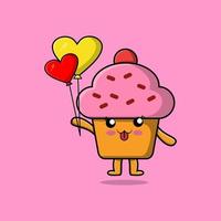 söt tecknad serie muffin flytande med kärlek ballong vektor