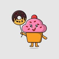 süßer Cartoon-Cupcake, der mit Donuts-Ballon schwimmt vektor