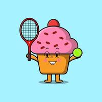 niedlicher Cartoon-Cupcake-Charakter spielt Tennisplatz vektor