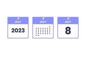 8. Juli Kalender-Design-Ikone. Kalenderplan 2023, Termin, wichtiges Datumskonzept vektor