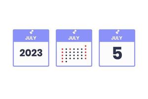 5. Juli Kalender-Design-Ikone. Kalenderplan 2023, Termin, wichtiges Datumskonzept vektor