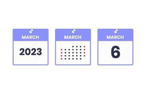Mars 6 kalender design ikon. 2023 kalender schema, utnämning, Viktig datum begrepp vektor