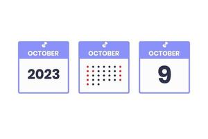 oktober 9 kalender design ikon. 2023 kalender schema, utnämning, Viktig datum begrepp vektor