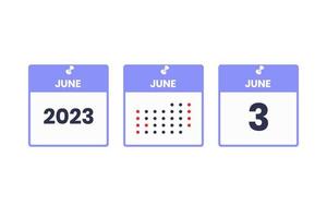 juni 3 kalender design ikon. 2023 kalender schema, utnämning, Viktig datum begrepp vektor