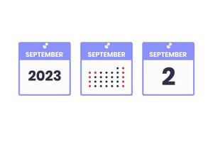 september 2 kalender design ikon. 2023 kalender schema, utnämning, Viktig datum begrepp vektor