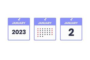 januari 2 kalender design ikon. 2023 kalender schema, utnämning, Viktig datum begrepp vektor