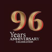 96: e år årsdag logotyp guld och röd Färg isolerat på elegant bakgrund, vektor design för hälsning kort och inbjudan kort