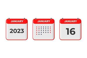 januari 16 kalender design ikon. 2023 kalender schema, utnämning, Viktig datum begrepp vektor