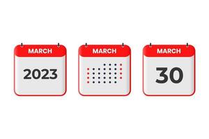 Mars 30 kalender design ikon. 2023 kalender schema, utnämning, Viktig datum begrepp vektor