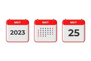 Maj 25 kalender design ikon. 2023 kalender schema, utnämning, Viktig datum begrepp vektor