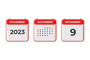 november 9 kalender design ikon. 2023 kalender schema, utnämning, Viktig datum begrepp vektor