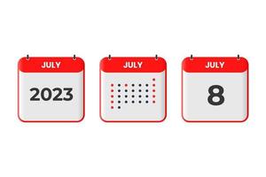 8. Juli Kalender-Design-Ikone. Kalenderplan 2023, Termin, wichtiges Datumskonzept vektor