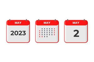 Maj 2 kalender design ikon. 2023 kalender schema, utnämning, Viktig datum begrepp vektor