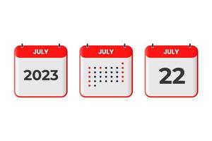 22. Juli Kalender-Design-Ikone. Kalenderplan 2023, Termin, wichtiges Datumskonzept vektor