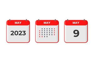 Maj 9 kalender design ikon. 2023 kalender schema, utnämning, Viktig datum begrepp vektor