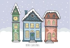 illustration av hus. jul gratulationskort. uppsättning handritade byggnader. vektor