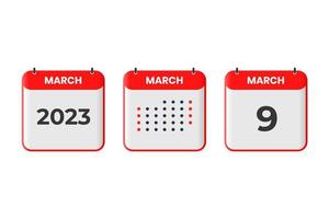 Mars 9 kalender design ikon. 2023 kalender schema, utnämning, Viktig datum begrepp vektor