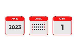 1. April Kalender-Design-Ikone. Kalenderplan 2023, Termin, wichtiges Datumskonzept vektor