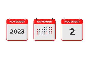 2. November Kalender-Design-Ikone. Kalenderplan 2023, Termin, wichtiges Datumskonzept vektor
