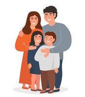 Lycklig familj kramar. mamma, pappa, son, dotter tillsammans stå i full höjd. vektor grafik.