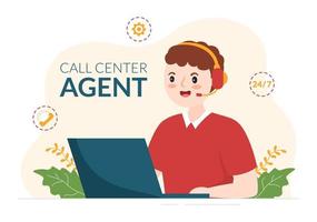 Call-Center-Agent des Kundendienstes oder Hotline-Betreiber mit Headsets und Computern in flacher, handgezeichneter Cartoon-Vorlagenillustration vektor