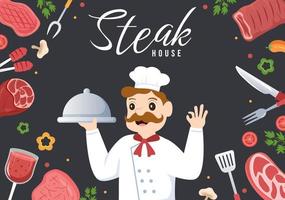 Steakhouse aus gegrilltem Fleisch mit saftigem, köstlichem Steak, Salat und Tomaten zum Grillen in handgezeichneter Schablonenillustration der flachen Karikatur vektor