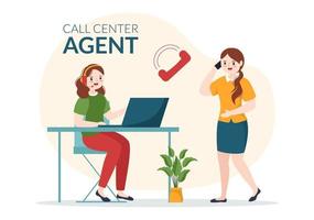 Call-Center-Agent des Kundendienstes oder Hotline-Betreiber mit Headsets und Computern in flacher, handgezeichneter Cartoon-Vorlagenillustration vektor