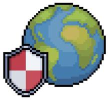 Pixel Art Planet Erde mit Schildsymbol Vektorsymbol für 8-Bit-Spiel auf weißem Hintergrund vektor
