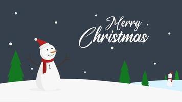 jul hälsning kort med snögubbe och tall träd vektor