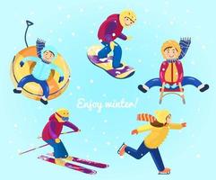 eine gruppe von kindern, die verschiedene wintersportarten ausüben. Winteraktivitäten. Snowtubing, Snowboarden, Skifahren, Eislaufen, Rodeln. vektor