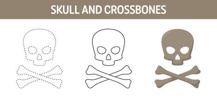 arbeitsblatt zum nachzeichnen und ausmalen von totenkopf und gekreuzten knochen für kinder vektor