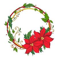 flora och runda kvist krans av röd jul blomma, grön löv och vild röd bär i jul säsong Färg, platt vektor bild.