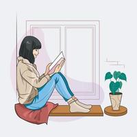 hygge-lifestyle-illustration. entspannendes Lesen eines Buches am Fenster der Hausvektorillustration pro Download vektor