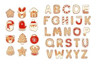 weihnachtslebkuchenplätzchen alphabet mit figuren. keksbuchstaben, zeichen für weihnachtsbotschaften und design. vektorillustration mit dekorationen. vektor