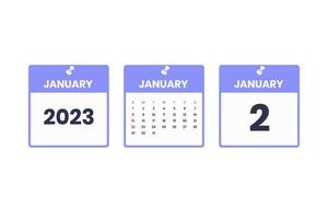 Januar Kalenderdesign. 2. januar 2023 kalendersymbol für zeitplan, termin, wichtiges datumskonzept vektor
