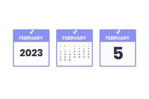 februari kalender design. februari 5 2023 kalender ikon för schema, utnämning, Viktig datum begrepp vektor