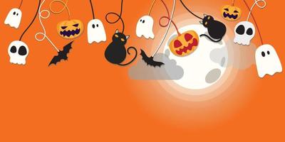 Lycklig halloween baner eller fest inbjudan bakgrund med natt moln och pumpor i platt style.flagga halloween Färg. vektor illustration. full måne i de himmel och flygande fladdermöss.