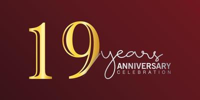 19:e årsdag firande logotyp siffra guld Färg med röd Färg bakgrund. vektor årsdag för firande, inbjudan kort, och hälsning kort
