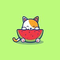 süße katze, die wassermelonen-cartoon-vektor-symbol-illustration isst. Tierfutter-Icon-Konzept isolierter Premium-Vektor. flacher Cartoon-Stil vektor