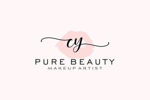 vorgefertigtes Logo-Design mit anfänglichen Cy-Aquarelllippen, Logo für Make-up-Künstler-Business-Branding, errötendes Beauty-Boutique-Logo-Design, Kalligrafie-Logo mit kreativer Vorlage. vektor