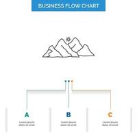 berg. landskap. kulle. natur. scen företag strömma Diagram design med 3 steg. linje ikon för presentation bakgrund mall plats för text vektor