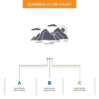 Berg. hügel. Landschaft. Natur. abendliches Business-Flow-Chart-Design mit 3 Schritten. Glyphensymbol für Präsentationshintergrundvorlage Platz für Text. vektor