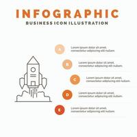 raket. rymdskepp. börja. lansera. spel infographics mall för hemsida och presentation. linje grå ikon med orange infographic stil vektor illustration