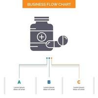 Medizin. Pille. Kapsel. Drogen. Tablet-Business-Flow-Chart-Design mit 3 Schritten. Glyphensymbol für Präsentationshintergrundvorlage Platz für Text. vektor