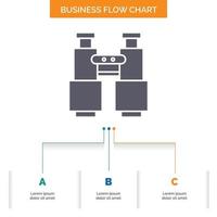 Fernglas. finden. Suche. erforschen. Camping-Business-Flow-Chart-Design mit 3 Schritten. Glyphensymbol für Präsentationshintergrundvorlage Platz für Text. vektor