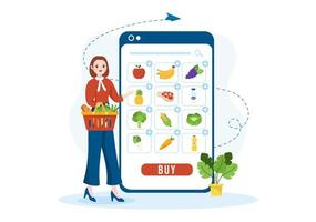 online-lebensmittelgeschäft oder supermarkt, um den täglichen bedarf oder lebensmittel über die app in flachen handgezeichneten karikaturvorlagen zu bestellen vektor