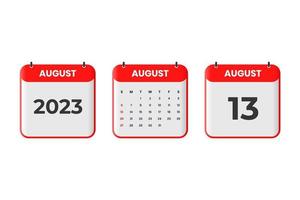 August 2023 Kalenderdesign. 13. August 2023 Kalendersymbol für Zeitplan, Termin, wichtiges Datumskonzept vektor